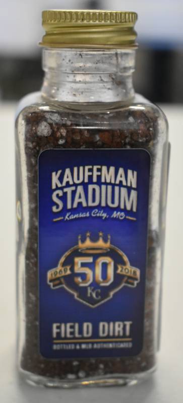 lot 1104 image: Kaufman Stadium Game Used Dirt from Royals Stadium Bottled By Royals and Major League Baseball Certified with Hologram Program
