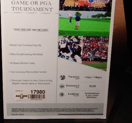 lot 17980 image: TRIP - GO TO ANY REGULAR SEASON GAME OR PGA TOURNAMENT, TRIP FOR 2 -  ROUND TRIP ENCONOMY CLASS AIR.