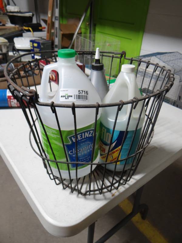 lot 5716 image: Metal basket wcleaning supplies.