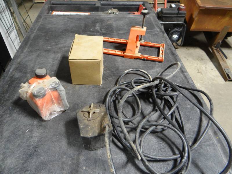 lot 5747 image: 3 Bottles of 2 cycle engine oil stihl, Black and Decker router guide for letgers and numbers comes with letters.