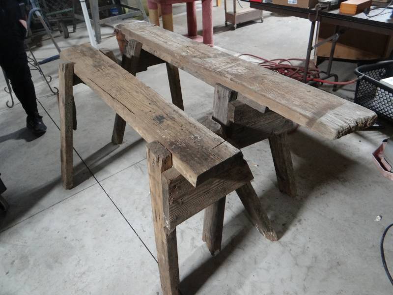 lot 5807 image: A pair of wooden saw horses.