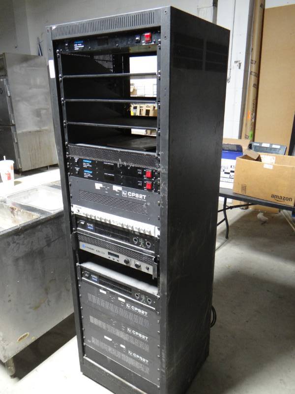 lot 5828 image: Stereo audio equipment in cabinet.