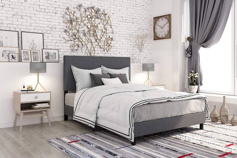 Dhp Janford Upholstered Bed With Chic Upholstered Headboard Grey Linen Queen Furniture Flooring Truck And Fridge Lg Home Decorators Collection Costco Safavieh Ameriwood Equip Bid
