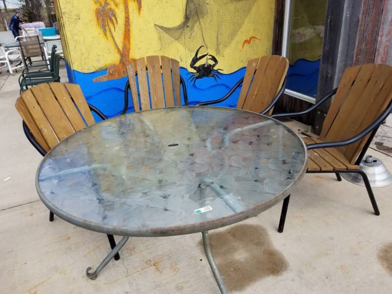 lot 3445 image: Glass Patio Table with 4 Wood Chairs