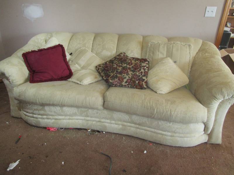 lot 13194 image: Beige Rolled Arm Upholstered Sofa and Pillows