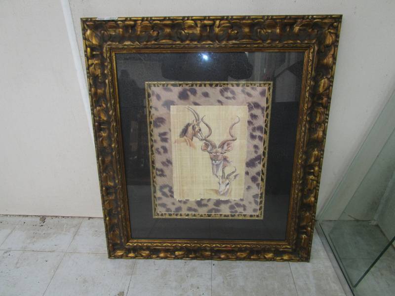 lot 2173 image: Very Ornate Antiqued Gold Frame with Antelope Print