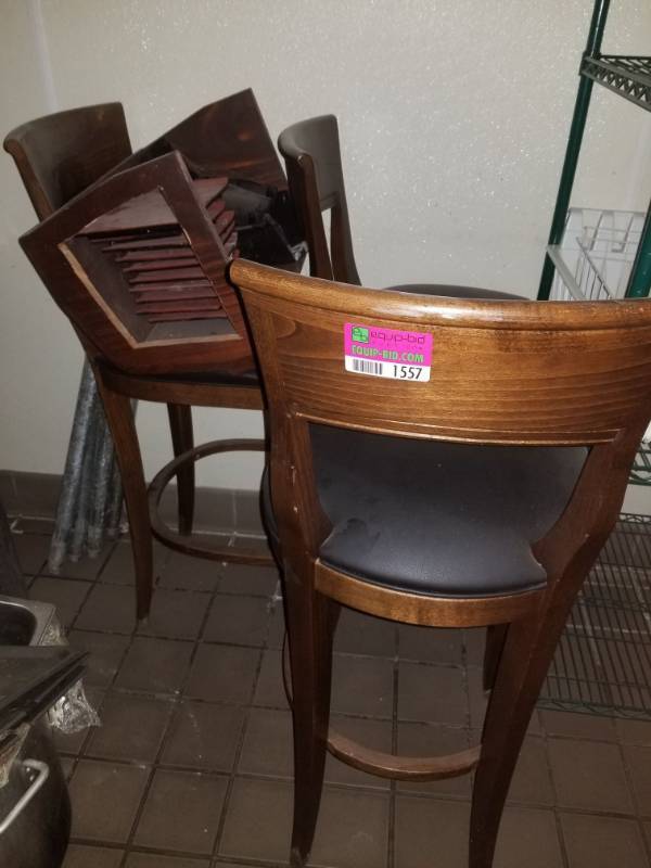 lot 1557 image: 3 Bar Height Chairs and Dishes