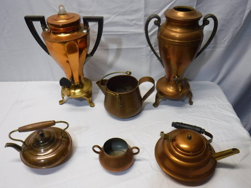 lot 1215 image: Brass coffee urn, tea kettle and more