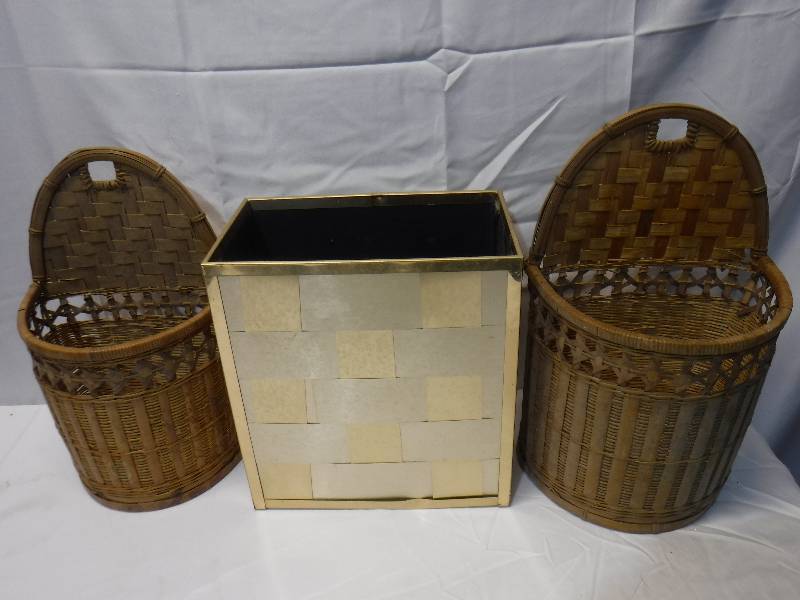 lot 1217 image: 2 hanging wicker baskets and a metal trash can or planter