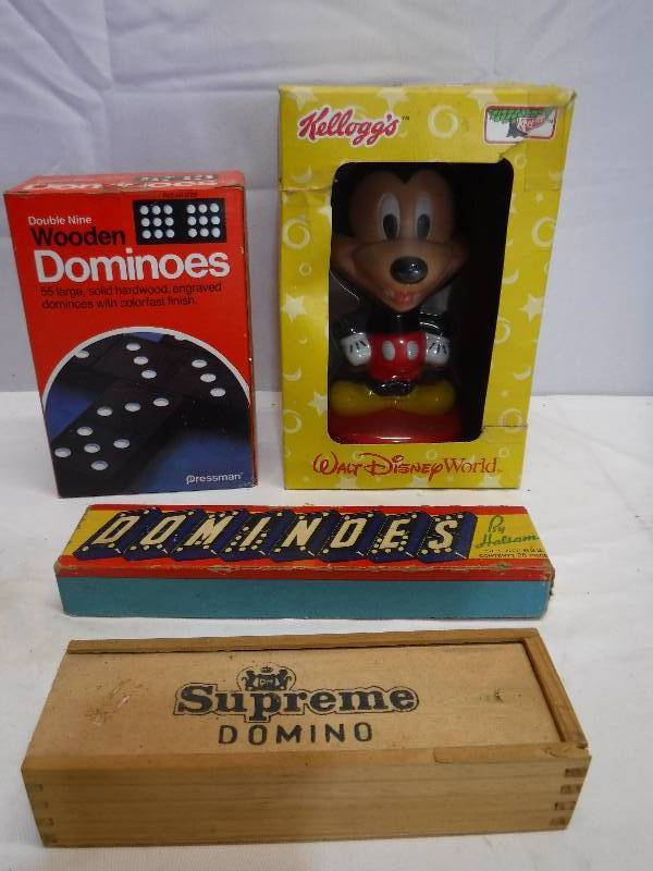 lot 1282 image: Mickey Mouse Kelloggs bobble head and several sets of dominoes