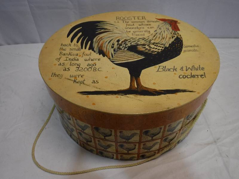 lot 1285 image: Round rooster box with Jar candle toppers and more