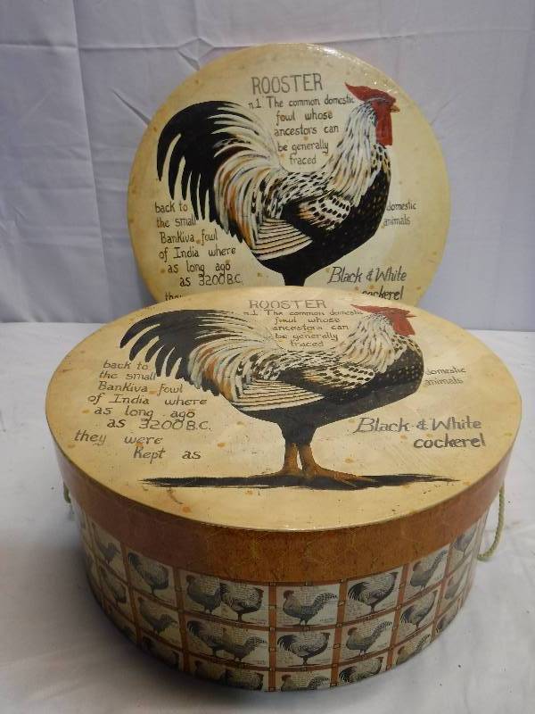 lot 1286 image: Another round rooster box with candles and a mystery boxed item Lots of wax melts in this one from Yankee
