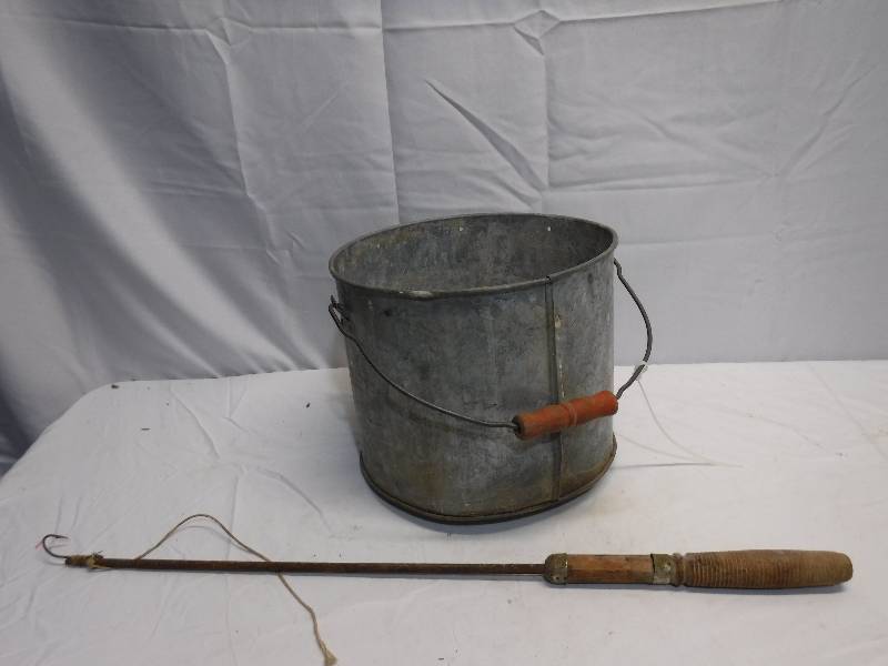lot 1306 image: Galvanized bucket and fish hook
