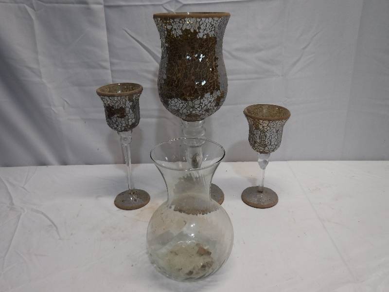 lot 1312 image: crackle glass candle holders and a vase