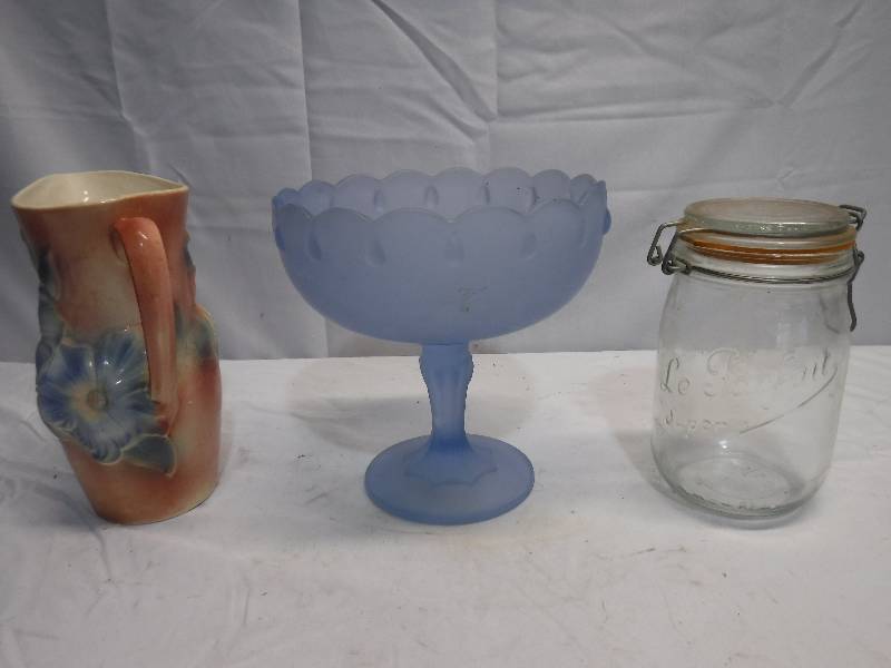 lot 1357 image: Blue Frosted glass dish, pitcher and jar