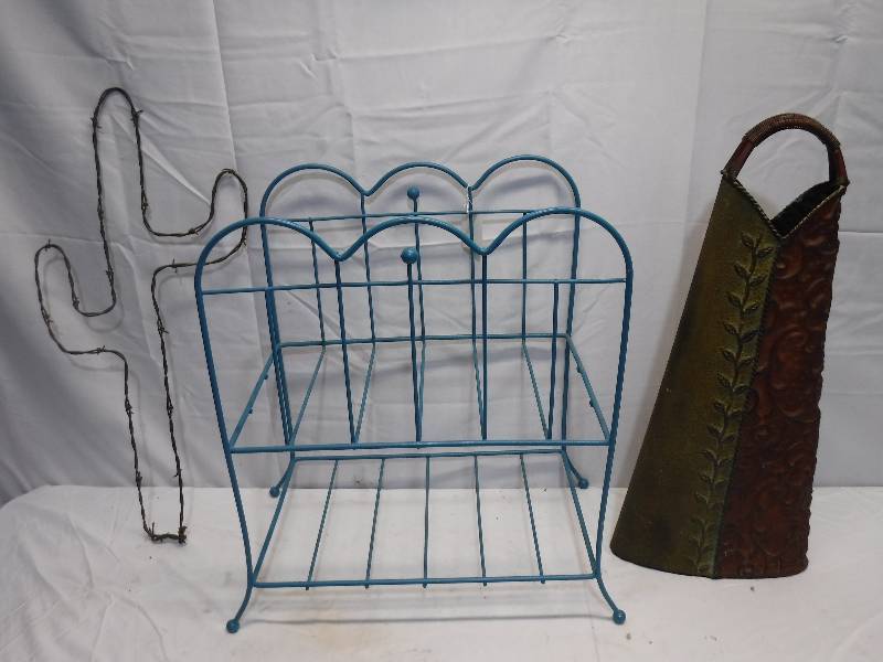 lot 1360 image: Magazine rack, barbed wire cactus and wall vase