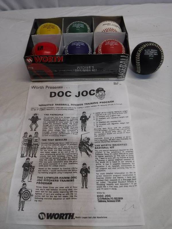 lot 1378 image: Box of practice pitching different weight baseballs