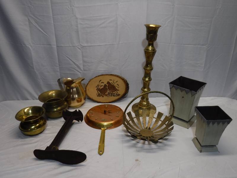 lot 1415 image: Brass spitoon, bed warmer turned into a clock and more