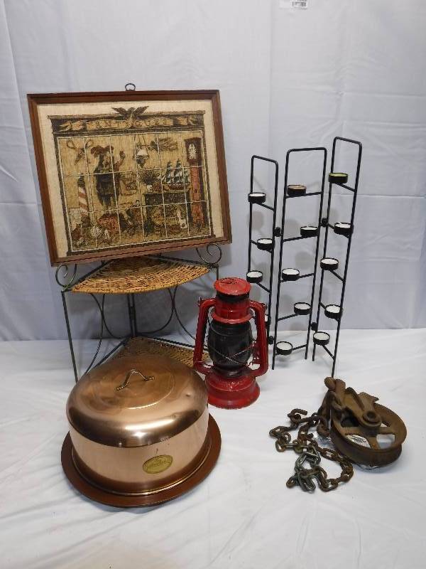 lot 1416 image: Swallow brand mini oil lantern, cake taker, folding candle holder and more