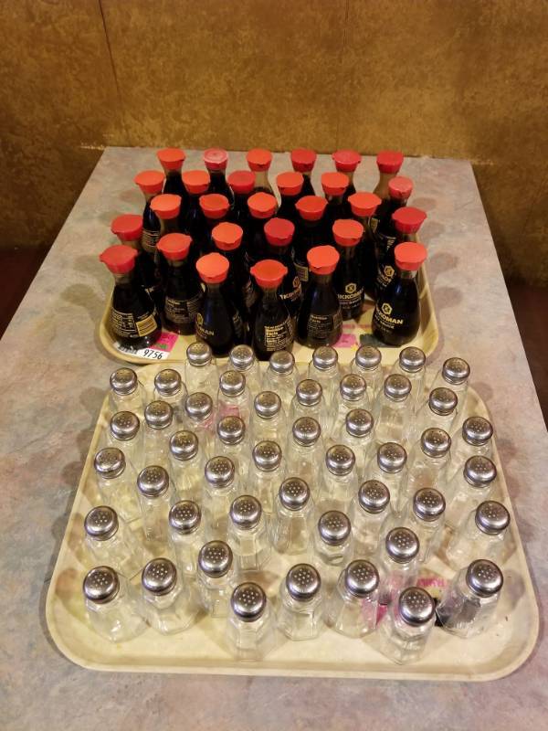 lot 9756 image: Soy Sauce Containers and Salt and Pepper Shakers