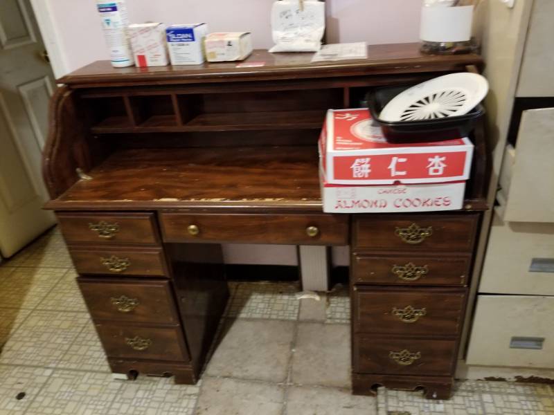 lot 9810 image: 2 Wood Computer Desks, File Cabinet and Shelf