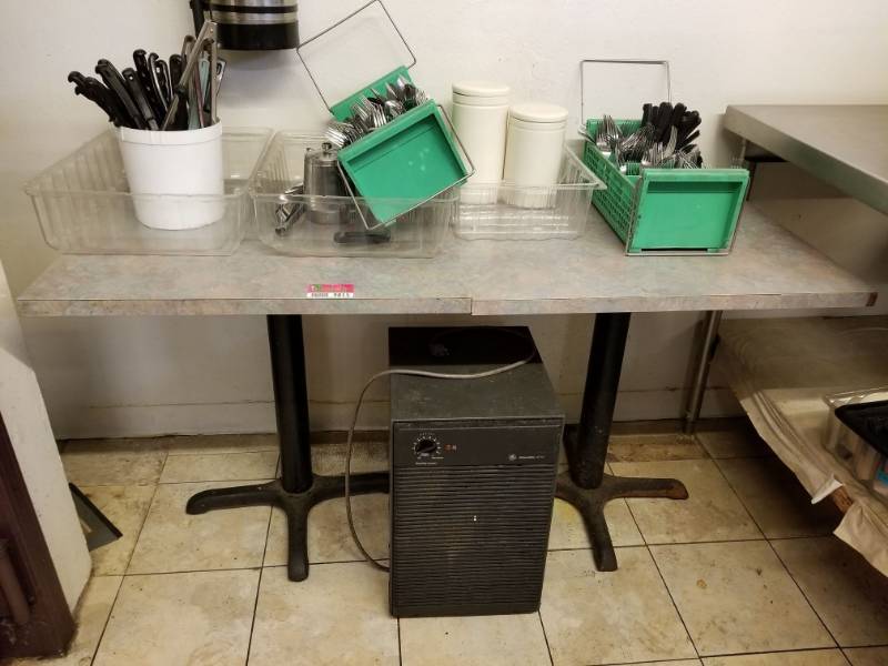 lot 9815 image: 2 Restaurant Tables and Various Silverware, Dehumidifier