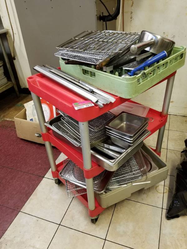 lot 9859 image: Red Cart with Various Kitchen Items