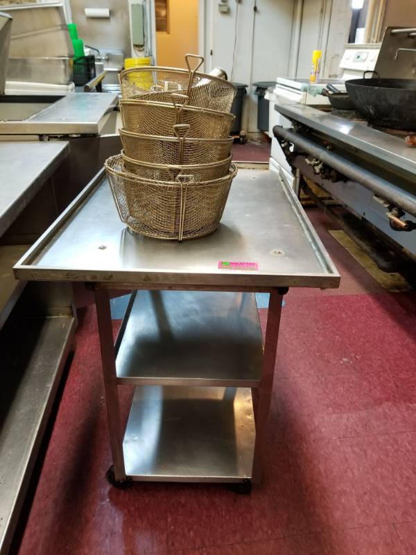 lot 9868 image: Stainless Steel Rolling Cart and Fryer baskets