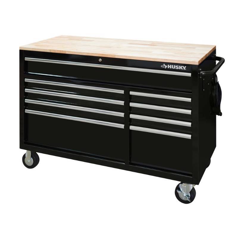 lot 6389 image: Husky 52 in. x 24.5 in. D 9-Drawer Mobile Workbench in Black, Black Glossy Powder Coated Finish