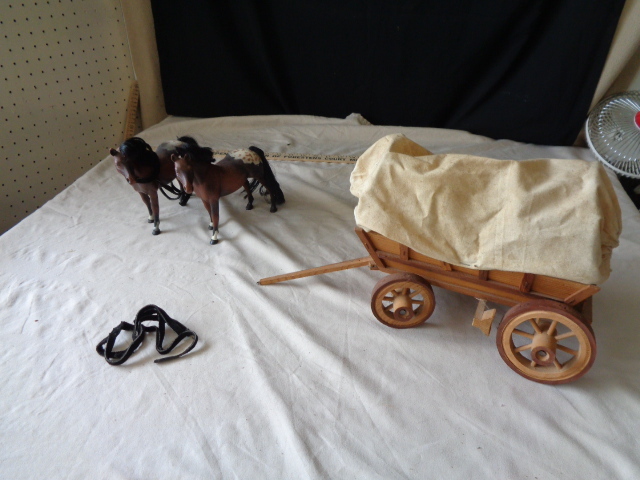 lot 6528 image: Wooden Covered Wagon w 2 Horses