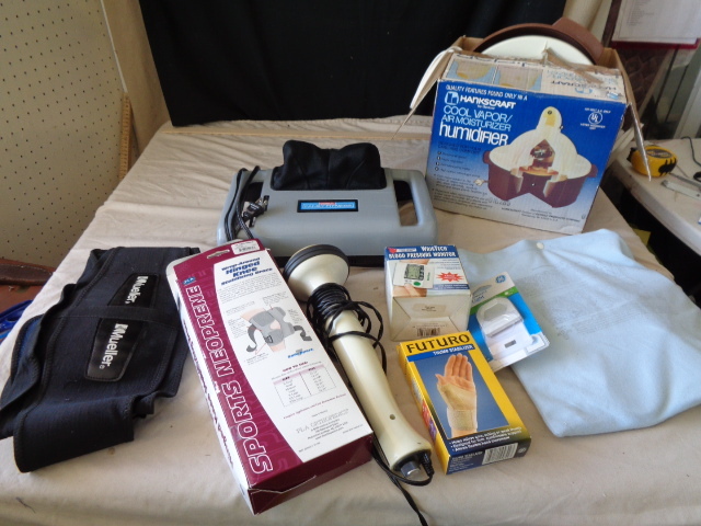 lot 6677 image: Neck Massager, Humidifier, Knee brace, Back Brace and blood Pressure Monitor