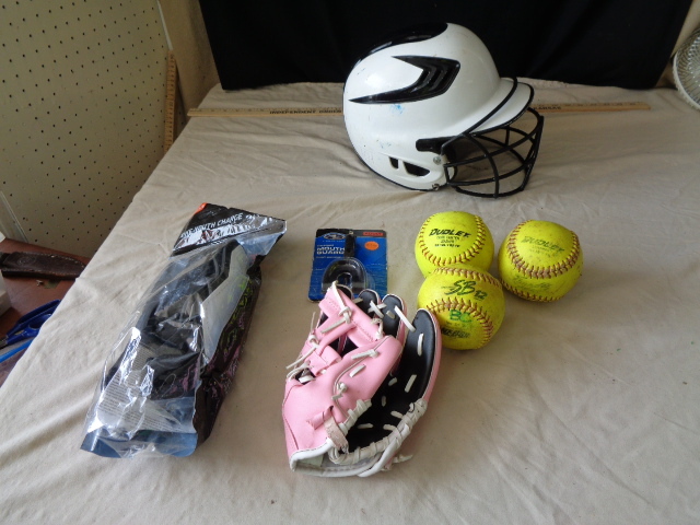 lot 6689 image: New Nike Chin Gaurds, New Strapped Mouth Guard , 3 Softballs and Softball Helmet