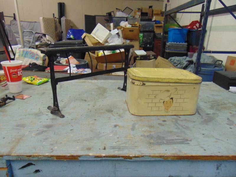 lot 10734 image: Vintage Metal Box with Contents, and Shoe shine bar