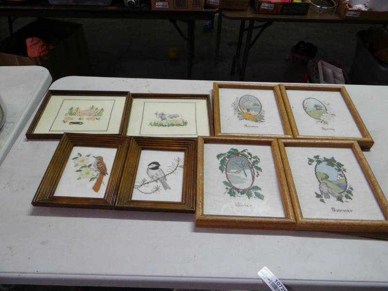 lot 10720 image: Lot of 8 Home Made Cross Stitch Framed Art