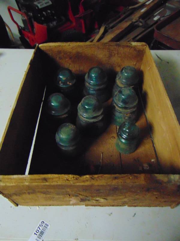 lot 10759 image: 8 Blue Insulators in Wooden Box