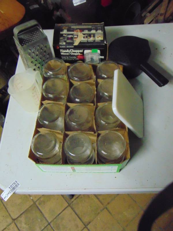lot 10763 image: Box of Kerr Canning Jars, New Handy Chopper, Strainer and Shredder