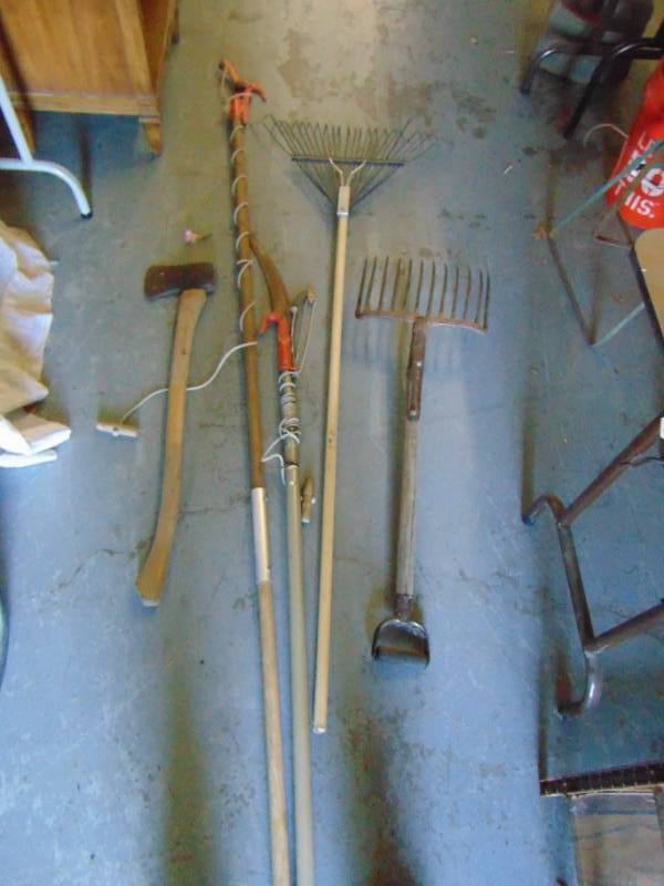 lot 10780 image: 10 Tree Loppers, Ax, Tree Saw, Pitch Fork and Rake