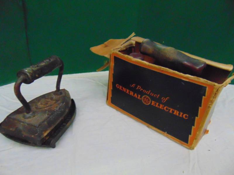 lot 10842 image: Antique 5lb Iron with cast iron holder and Vintage Electric Iron