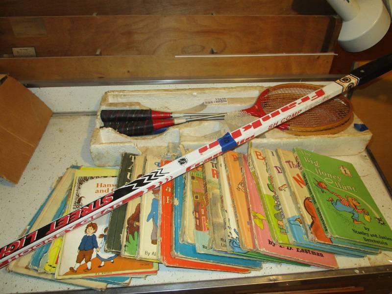 lot 13248 image: Lot of Childrens Books, Hockey Stick, Badminton Rackets