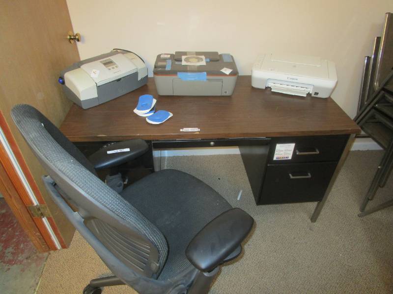 lot 13259 image: Metal Desk and Office Chair - Contents Included