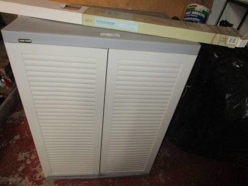 lot 13271 image: B&D Plastic Storage Cabinet and Mini Blinds 36 x 64 Alabaster