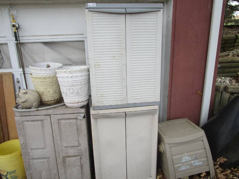 lot 13280 image: Plastic Storage Cabinets, Flower Pots and Hose Reel Holder