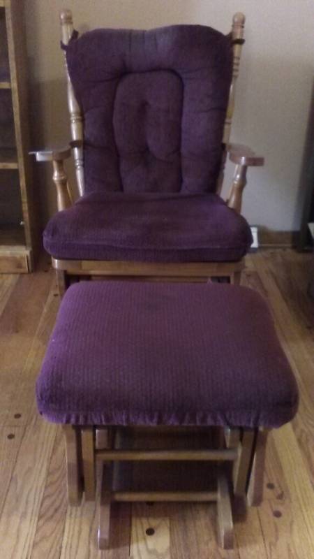 lot 13329 image: Wood Glider with Purple Cushions