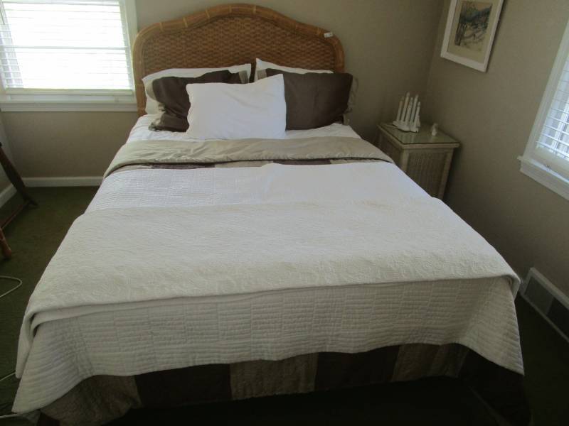 lot 13375 image: Full Size Wicker Headboard on Hollywood Frame with Mattress and Box Springs