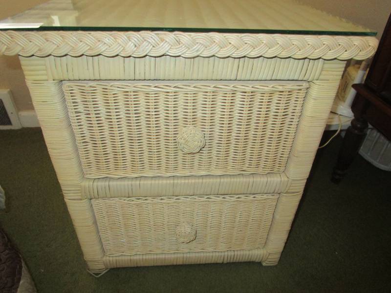 lot 13376 image: White Wicker Two Drawer Night stand with Glass Top