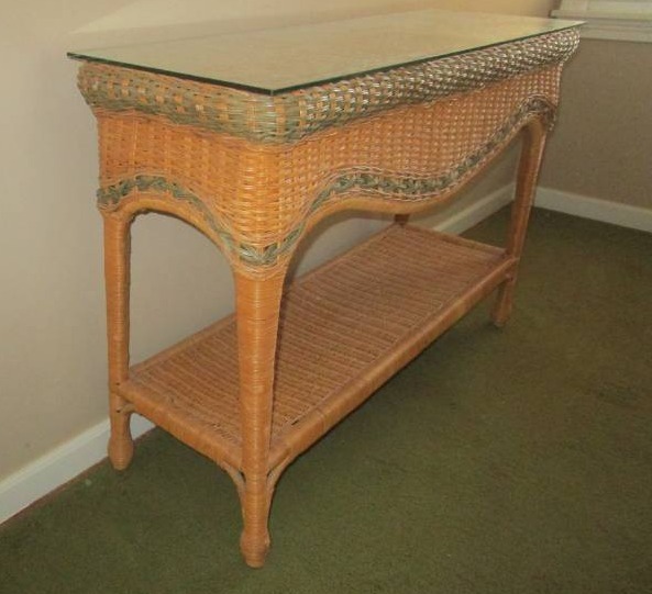 lot 13377 image: Wicker Sofa Table with Glass Top