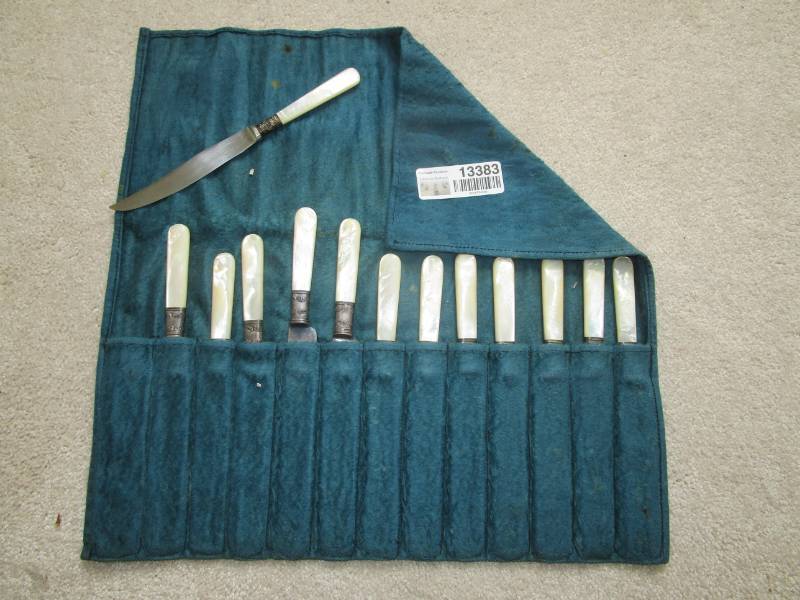 lot 13383 image: J.E. Caldwell and Co. Philadelphia PA Pearl Handled Knife Set in Storage Bag