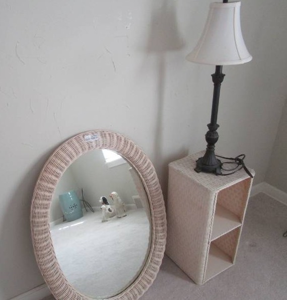 lot 13385 image: White Wicker framed Oval Mirror, Two Shelf Nightstand and Lamp