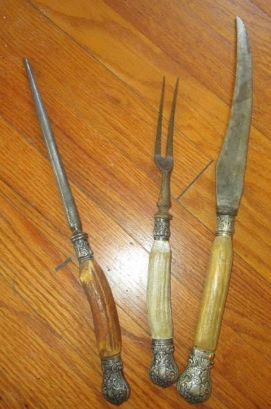 lot 13390 image: Ornate Handled Carving Set - Fork, Knife and Sharpener Cast Steel