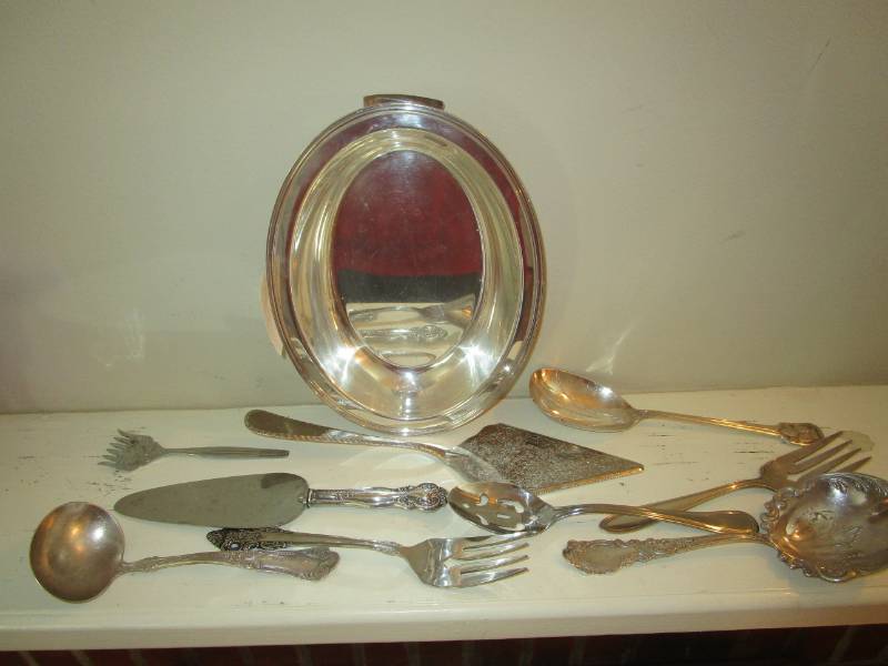 lot 13399 image: Silver Serving Tray and Utensils Lot